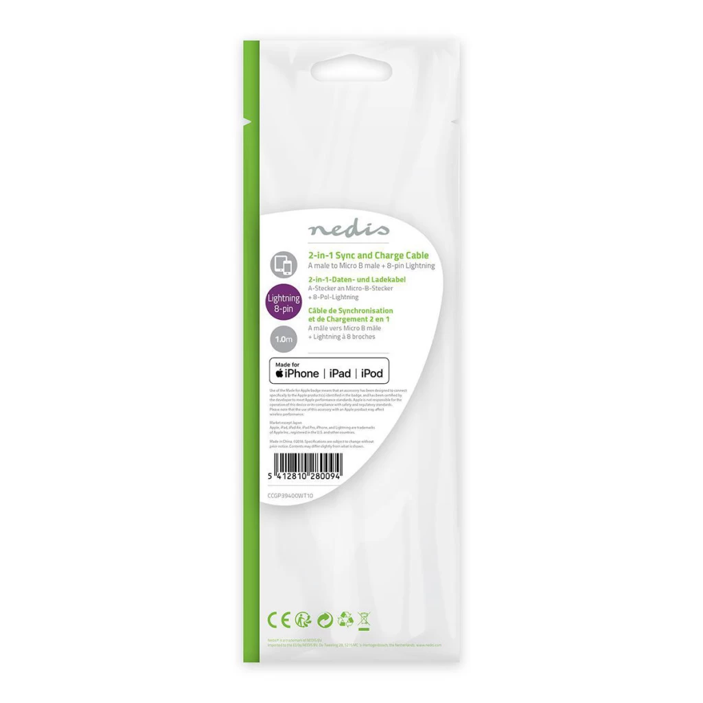 Nedis CCGP39400WT10 2-in-1 Sync And Charge-kabel Usb-a Male – Micro-b Male / Apple Lightning 8-pins Male 1,0 M Wit 3 Nedis CCGP39400WT10 2-in-1 Sync And Charge-kabel Usb-a Male – Micro-b Male / Apple Lightning 8-pins Male 1,0 M Wit - Afbeelding 3