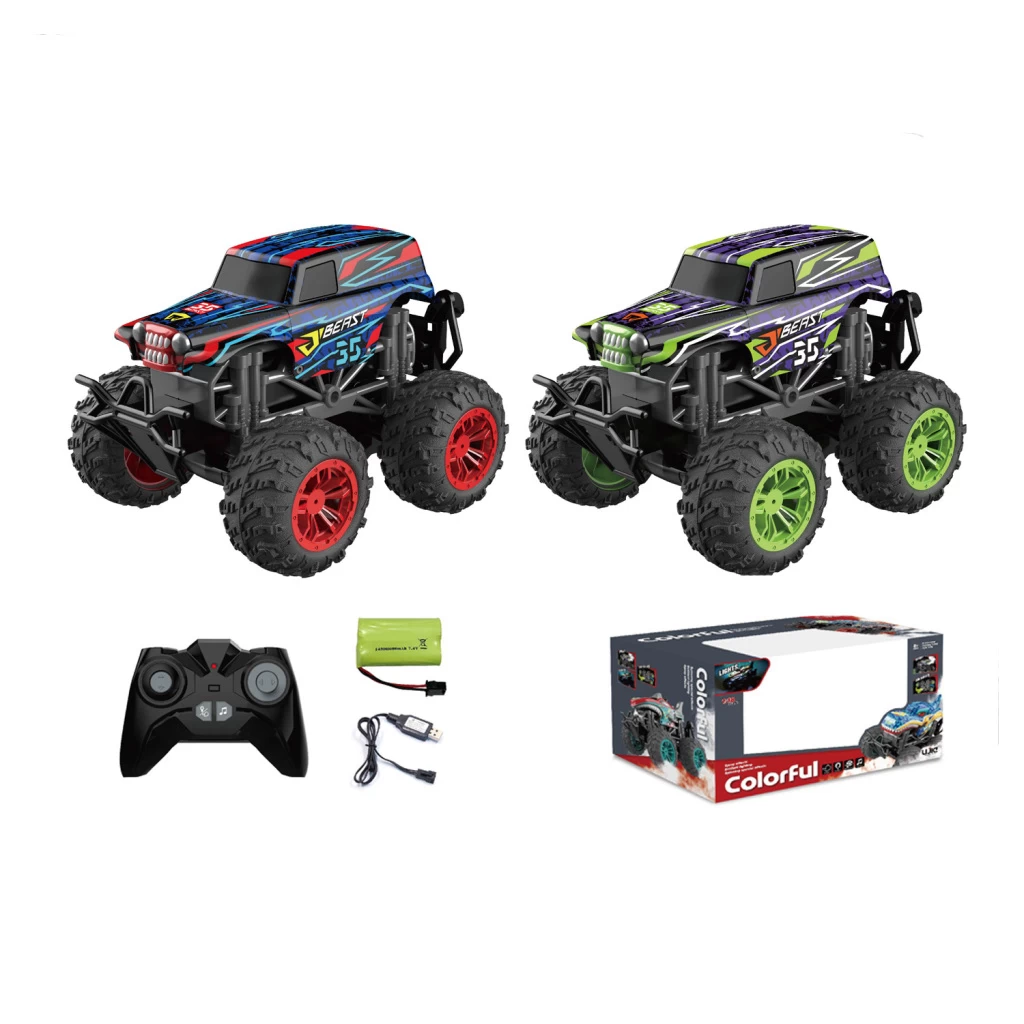 Basic RC Monster Truck + Rook Licht + Geluid 1:16 Assorti Rood Groen 1 Basic RC Monster Truck + Rook Licht + Geluid 1:16 Assorti Rood Groen
